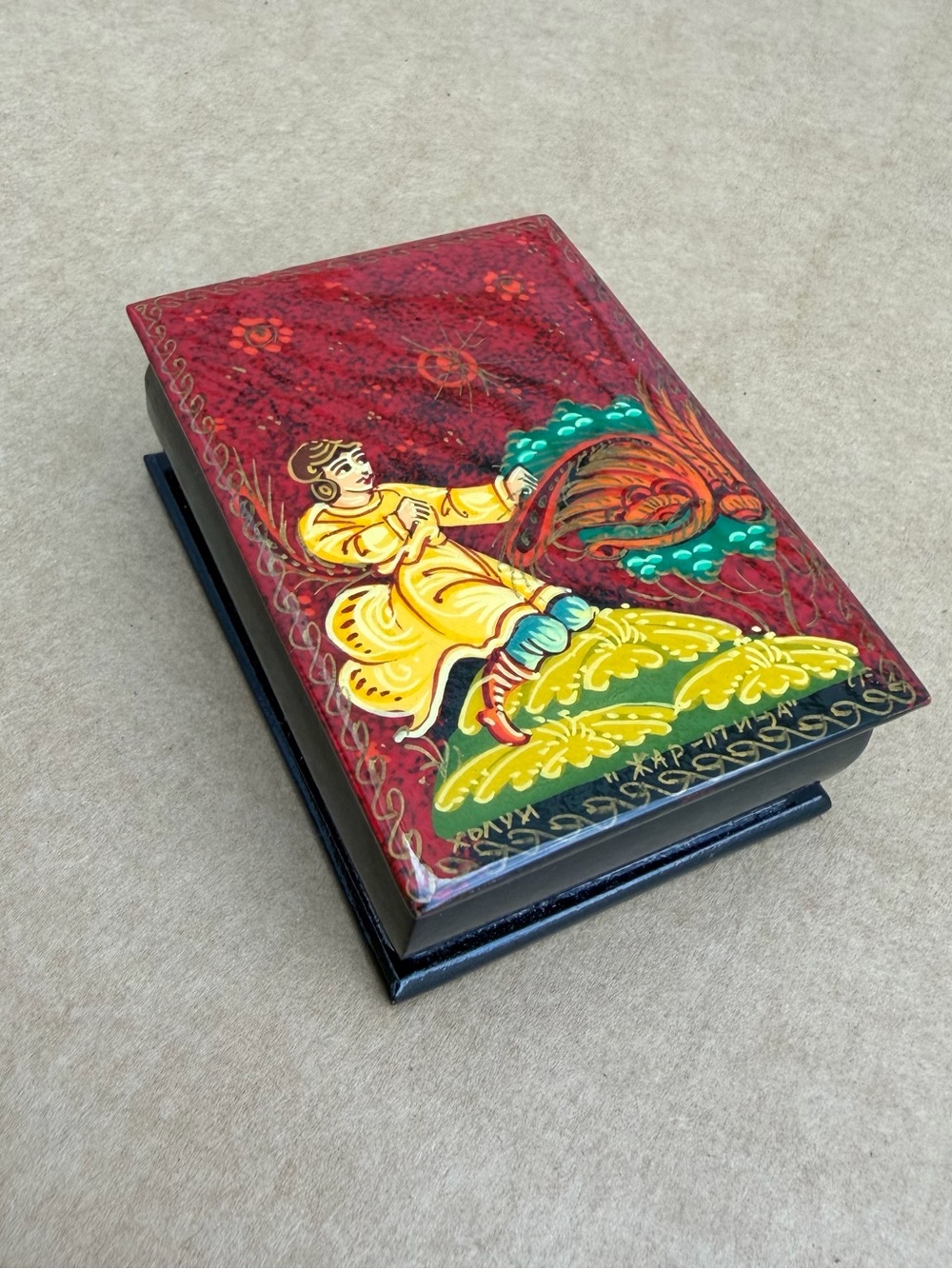 Vintage Russian Lacquer Miniature Box Woman & Firebird Folk Art